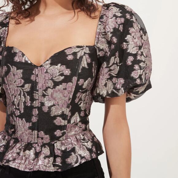 ASTR the Label NWT Sidney Brocade Metallic Floral Puff Sleeve Corset Top - Picture 1 of 13